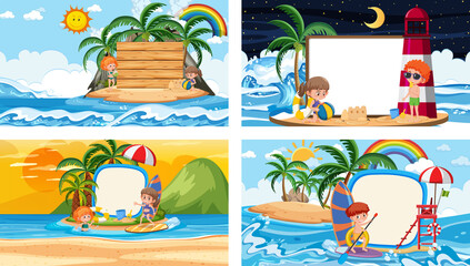 Sticker - Set of different tropical beach scenes with blank banner