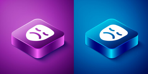 Canvas Print - Isometric Drama theatrical mask icon isolated on blue and purple background. Square button. Vector