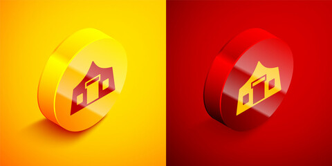 Poster - Isometric Tourist tent icon isolated on orange and red background. Camping symbol. Circle button. Vector