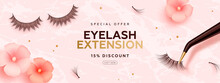 Discount Horizontal Banner With Realistic False Lashes, Lash Extension Tools And Flowers On Pink Background. Vector Illustration