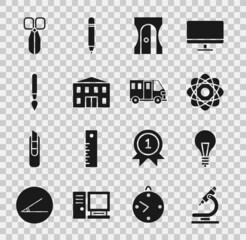 Wall Mural - Set Microscope, Light bulb with concept of idea, Atom, Pencil sharpener, School building, Paint brush, Scissors and Bus icon. Vector