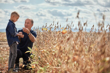 Smiling Grandfather Talking With Grandson In Agricultural Field