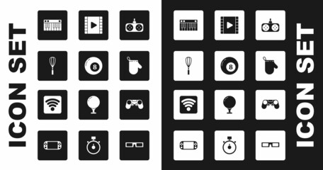 Poster - Set Gamepad, Billiard pool snooker ball, Kitchen whisk, Music synthesizer, Oven glove, Play Video, and Wi-Fi wireless internet network icon. Vector