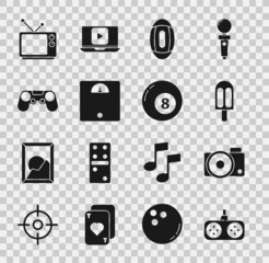 Sticker - Set Gamepad, Photo camera, Ice cream, American Football ball, Bathroom scales, Retro tv and Billiard pool snooker icon. Vector