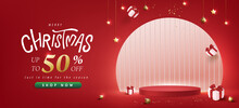 Merry Christmas Sale Promotion Poster Banner With Product Display And Festive Decoration Red Background
