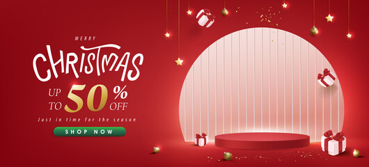 Wall Mural - merry christmas sale promotion poster banner with product display and festive decoration red backgro