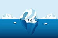 Climate Change Is Real. Penguin On  Melting Mountain Ice And Sea Level Rising Vector Illustration Concept