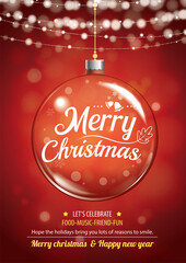 Merry christmas party and glass ball for flyer brochure design on red background invitation theme concept. Happy holiday greeting banner and card template.