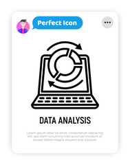Wall Mural - Data analysis thin line icon, open laptop and diagram with arrows. Modern vector illustration.