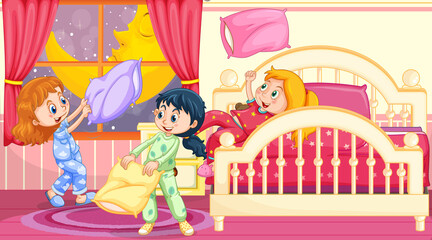 Wall Mural - Children palying pillow fighting in the bedroom scene