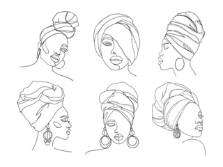 Set of Line art portrait African American women. Portrait of a woman. - Vector illustration