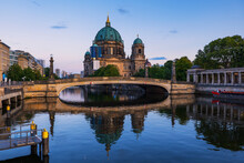 Germany, Berlin, Friedrichs Bridge At Dusk With Berlin Cathedral In Background