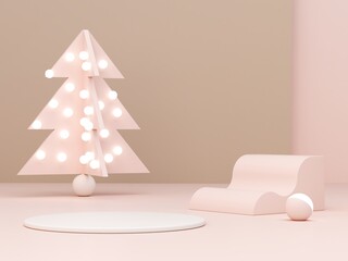 Wall Mural - Pink cream shapes and Christmas tree on a pastel color abstract background. Minimal forms and geometric podium. Winter scene. Empty showcase for cosmetic product presentation. 3d render. 