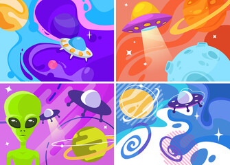 Wall Mural - collection of banners with ufo. placard designs in cartoon style.