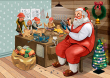 Hand Drawn Santa Claus Making Christmas Presents With His Elves In A Workshop