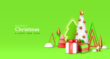 Merry Christmas And Happy New Year Festive Composition In Green Colors. Gold Metal Cone Geometric Christmas 3d Trees, Gift Box Realistic Design. Xmas Holiday Background. Vector Illustration