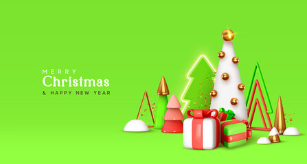 Wall Mural - Merry Christmas and Happy New Year festive composition in green colors. Gold metal cone geometric Christmas 3d trees, gift box realistic design. Xmas holiday background. Vector illustration