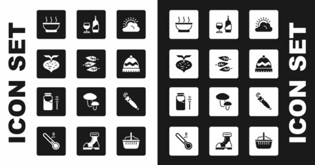 Sticker - Set Sun and cloud weather, Leaf or leaves, Beet, Bowl of hot soup, Winter hat, Wine bottle with glass, Umbrella and Jar honey dipper stick icon. Vector