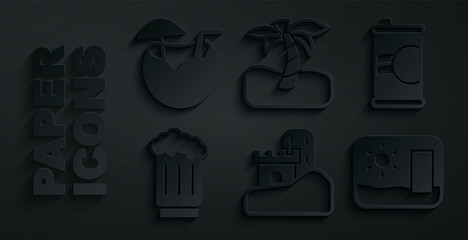 Wall Mural - Set Sand castle, Soda can, Wooden beer mug, Travel postcard, Tropical palm tree and Coconut cocktail icon. Vector