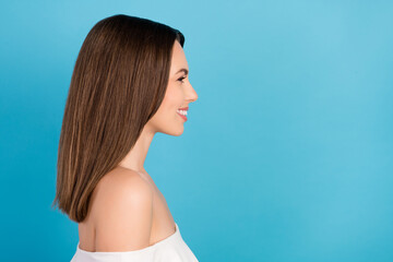 Poster - Profile photo of cute brunette young lady look empty space wear white top isolated on blue color background