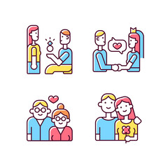 Poster - Stages of romantic relationship RGB color icons set. Man proposing to woman. Marriage, wedding vows. Elderly couple in love. Isolated vector illustrations. Simple filled line drawings collection