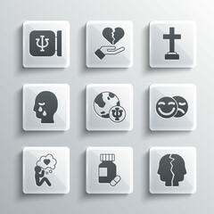 Wall Mural - Set Sedative pills, Bipolar disorder, Comedy and tragedy masks, Psychology, Psi, Head with heart, Man graves funeral sorrow, and Graves icon. Vector