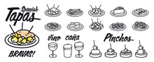 Illustrations Symbols Of Typical Spanish Bar Snacks. Text In Spanish Of Food (Tapas, Bravas And Pinchos) And Drinks (Caña Y Vino).