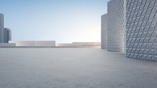 Empty Concrete Floor For Car Park. 3d Rendering Of Abstract Gray Building With Clear Sky Background.
