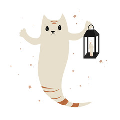 Wall Mural - Cute cat ghost cartoon character with a candle lantern holder. Halloween kitten icon logo. Vector illustration isolated on white