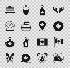 Sticker - Set Canada map, Flag of, Canadian maple leaf, Bottle syrup, Stone for curling, Montreal Biosphere, Stack pancakes and icon. Vector