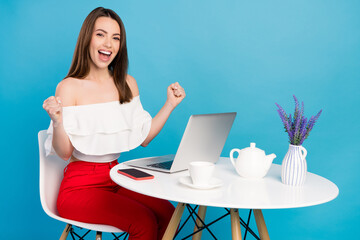 Poster - Photo of businesss brunette millennial lady sit hands fists wear blouse jeans isolated on blue color background