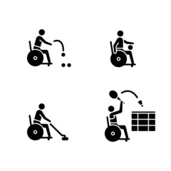 Poster - Wheelchair sports black glyph icons set on white space. Adaptive sport games. Wheelchair users. Competitive ball games. Sportsmen with disability. Silhouette symbols. Vector isolated illustration