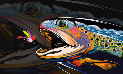 Wall Mural - Rainbow trout jumping out water.Salmon isolated on white background. Concept art for horoscope, tattoo or colouring book.