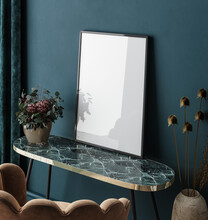 Frame Mockup In Home Interior, Luxury Modern Dark Living Room , 3d Render