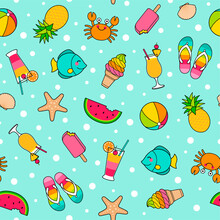 Colorful Cute Cartoon Seamless Pattern In Summer Holiday Concept.