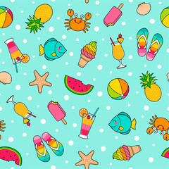 Wall Mural - Colorful cute cartoon seamless pattern in summer holiday concept.