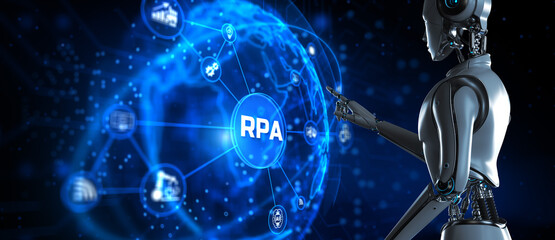 RPA Robotic process automation concept. Robot pressing button on screen 3d render.