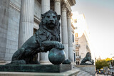 Fototapeta Uliczki - Spanish parliament (Congreso de los diputados) famous facade with two lions sculptures at each side; Madrid, Spain.