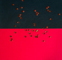 Poster - Red and black paper background with sequins decor. Contrast and minimalism concept.