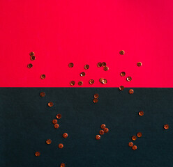 Poster - Red and black paper background with sequins decor. Contrast and minimalism concept.