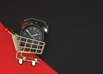 Wall Mural - Black Friday Sale Banner Template Shopping cart with alarm Clock