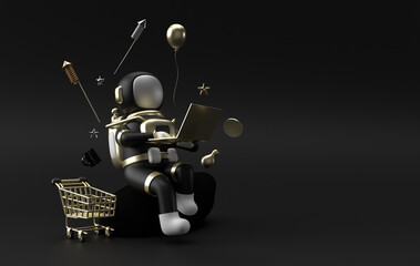 Wall Mural - Black Friday Sale Banner Template Astronaut working on laptop.