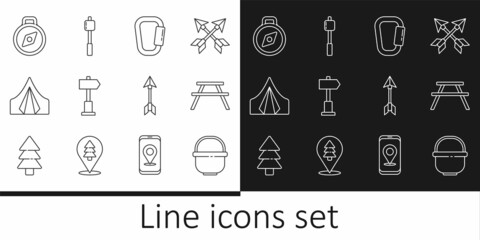 Wall Mural - Set line Camping pot, Picnic table with benches, Carabiner, Road traffic signpost, Tourist tent, Compass, Hipster arrow and Marshmallow on stick icon. Vector