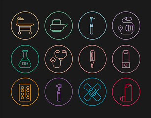 Wall Mural - Set line Inhaler, Tooth drill, Stethoscope, Test tube and flask, Operating table, Medical digital thermometer and Bedpan icon. Vector