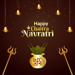 Wall Mural - Happy chaitra navratri celebration greeting card with golden kalash and trishul