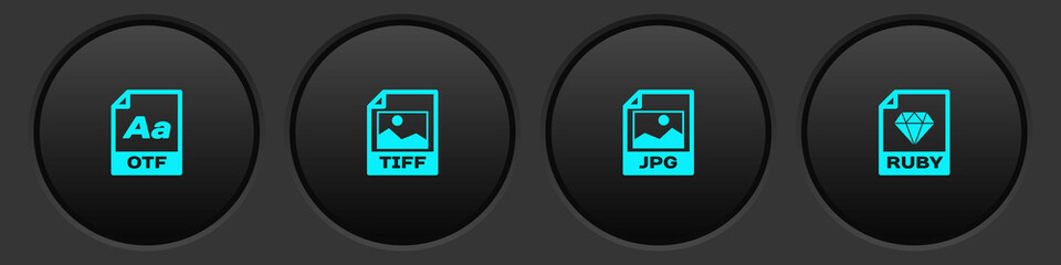 Set OTF file document, TIFF, JPG and RUBY icon. Vector