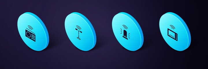 Sticker - Set Isometric Smart microwave oven, flasher siren, street light and radio icon. Vector