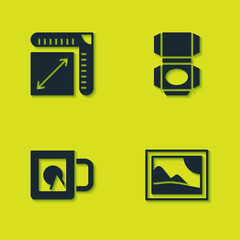 Sticker - Set Paper size, Picture landscape, Coffee cup and Carton cardboard box icon. Vector