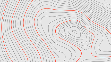 Wall Mural - Black and red on white contours vector topography stylized height of the lines. The concept of a conditional geography scheme and the terrain path. Wide size. Map on land vector terrain Illustration.