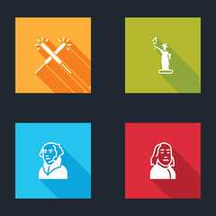 Sticker - Set Sparkler firework, Statue of Liberty, George Washington and Benjamin Franklin icon. Vector